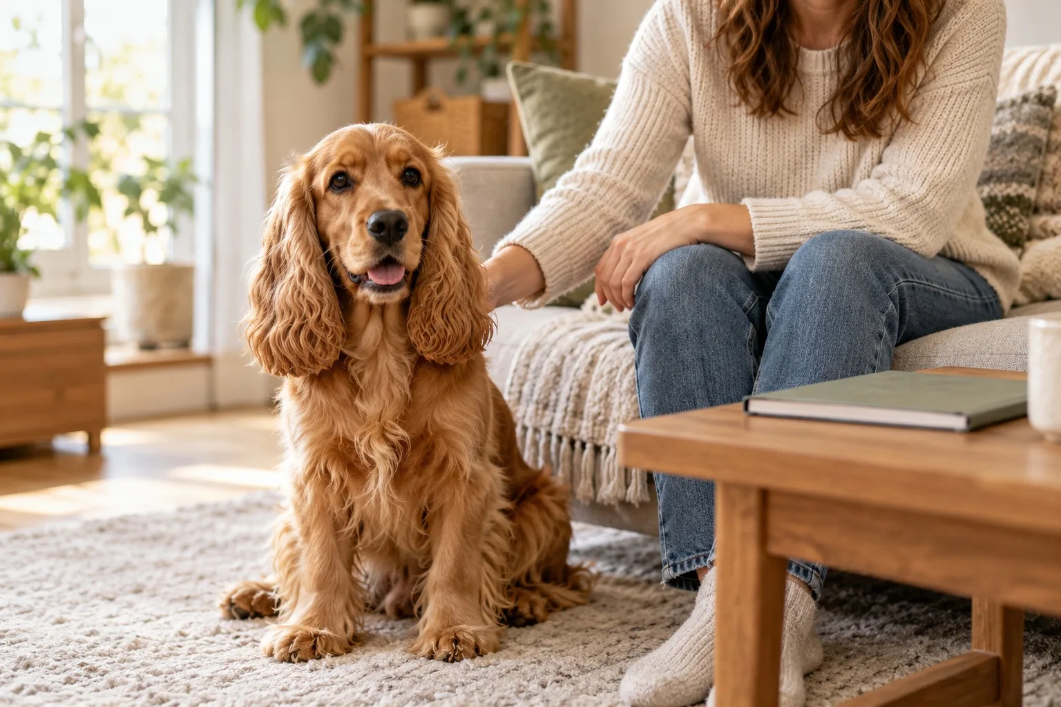 Long-eared dog sitting beside an owner on a sofa