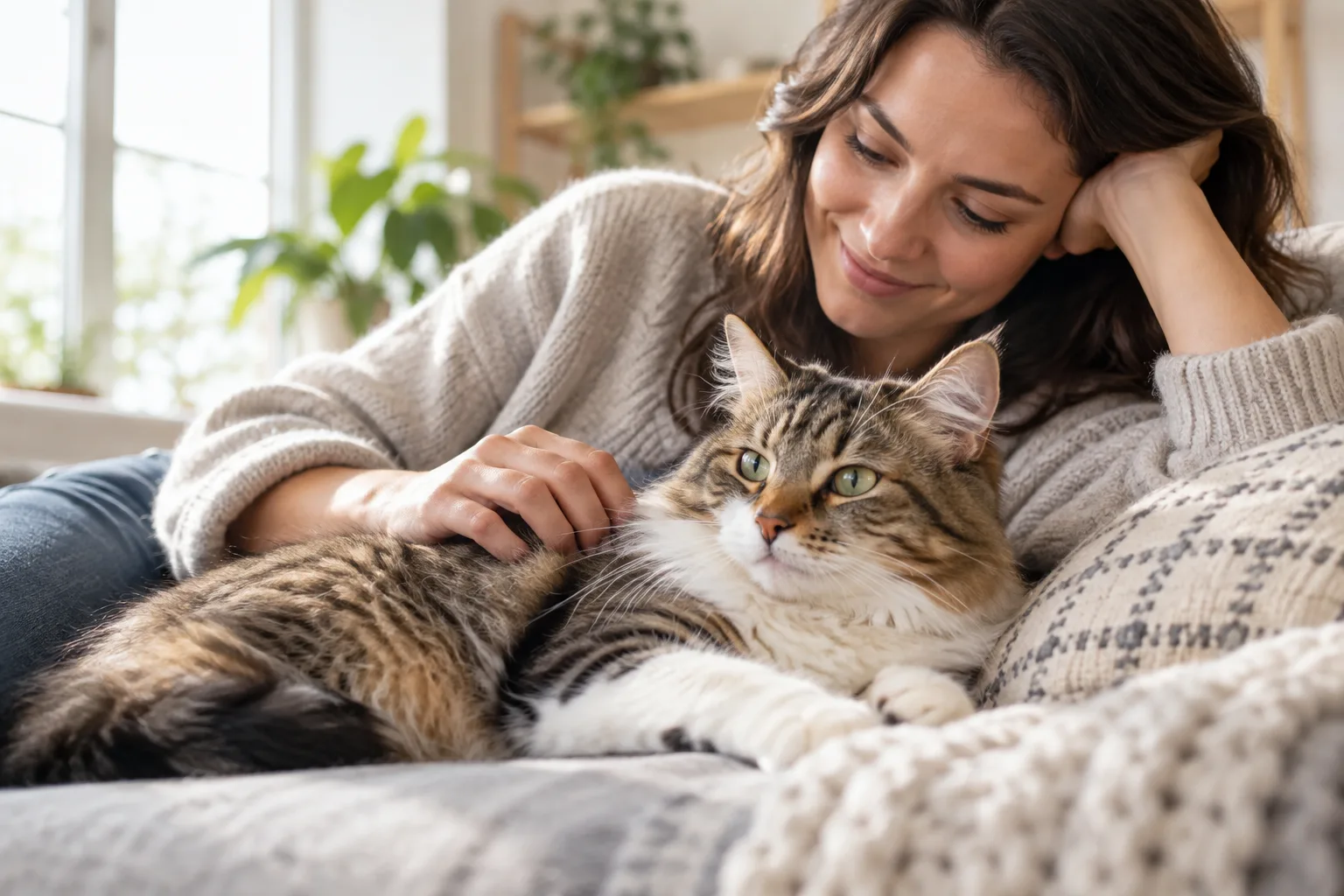 Owner resting beside a cat on a sofa